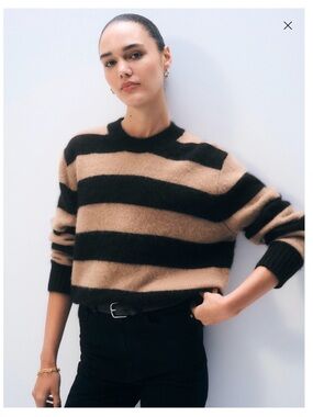 White and Warren Brushed Cashmere Striped Crewneck